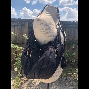 Large black bohemian tassel bag w/natural beading